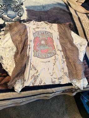 Waylon Jennings Graphic Tee with Lace & Leopard Kimono Overlay